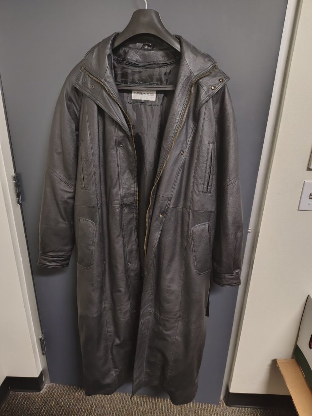 Vintage 90s Charles Klein Black Genuine Leather Maxi Trench Coat Medium